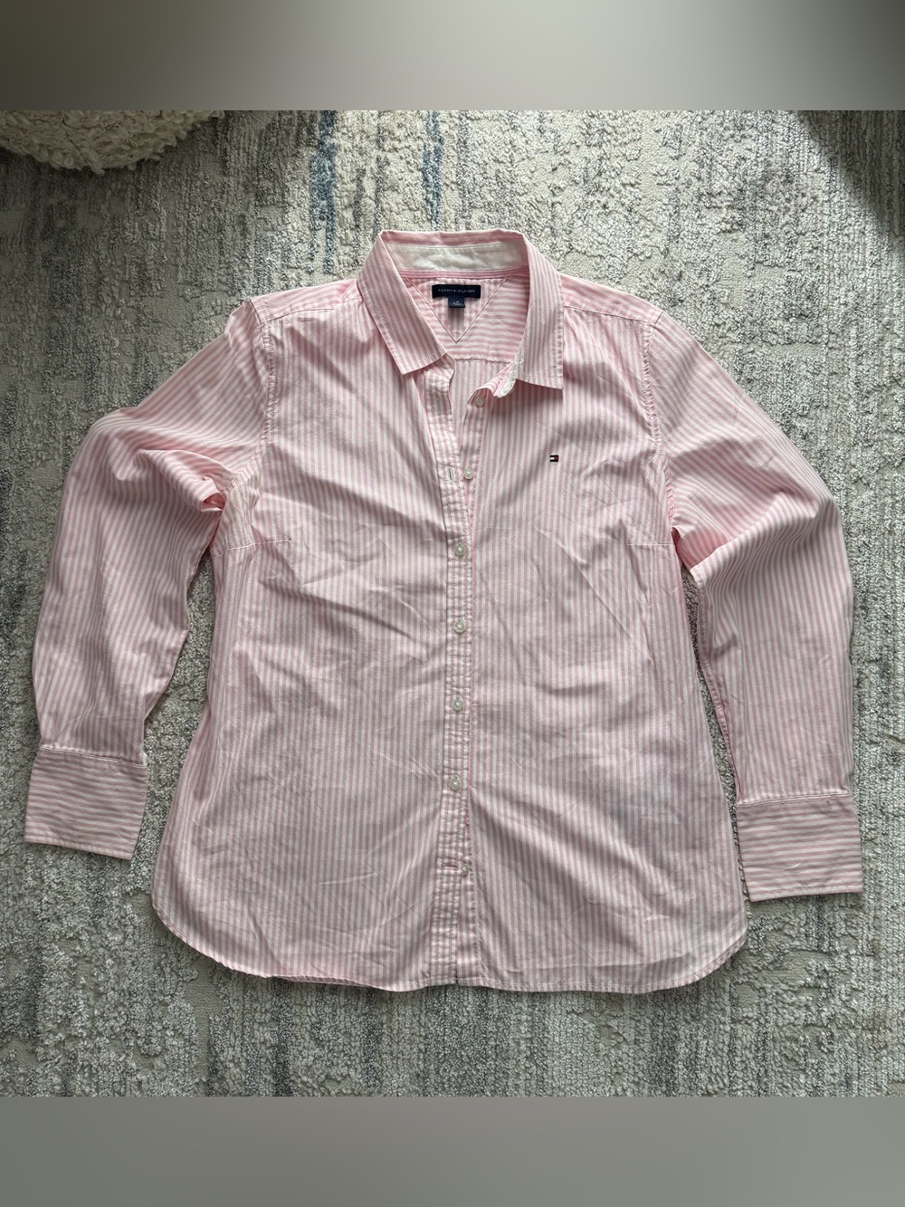 Tommy Hilfiger Light Pink & White Striped button down Early 2000s Women’s Large